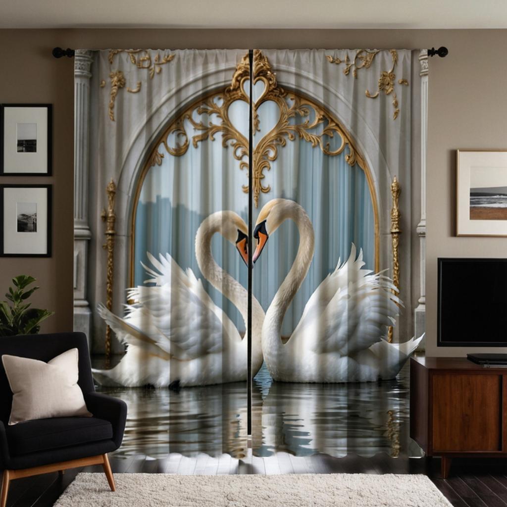 2 pieces HD digital gray light luxury European warm swan curtain home decoration style decoration living room bedroom rod curtai