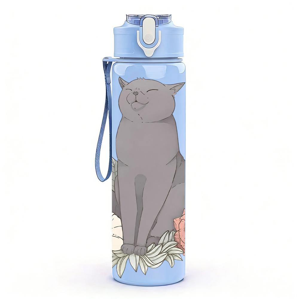 1 Stück Graue Katze Rose Blume Floral Brustkorb 750ml Farbe Kunststoff Wasserflasche Auslaufsicher Klappdeckel mit Strohhalm Für Sport Büro Zuhause
