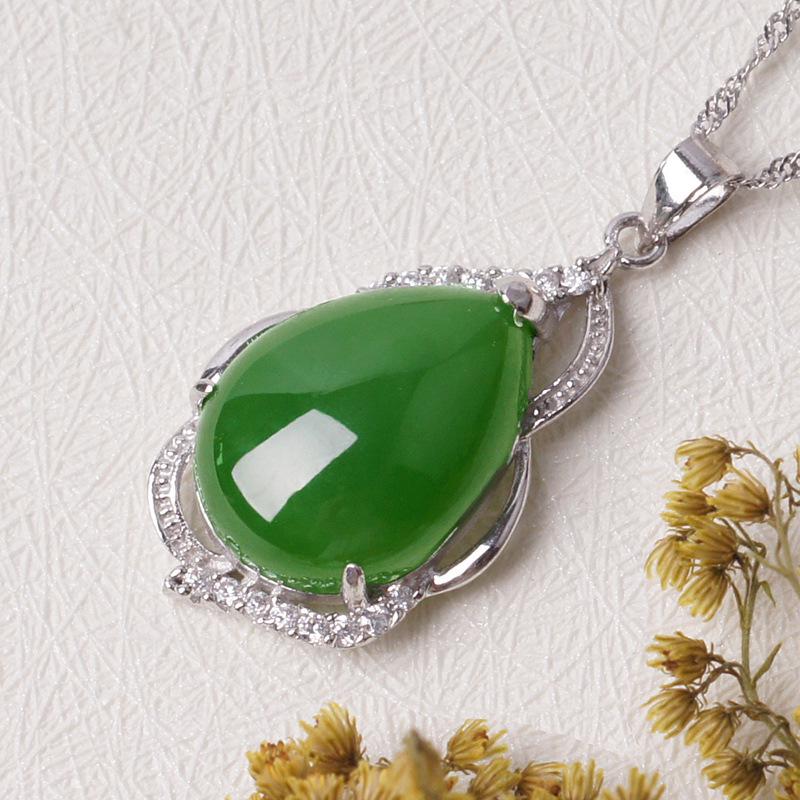 925 Sterling Silver Hetian Jade Water Drop Pendant Necklace with Certificate Jasper Style