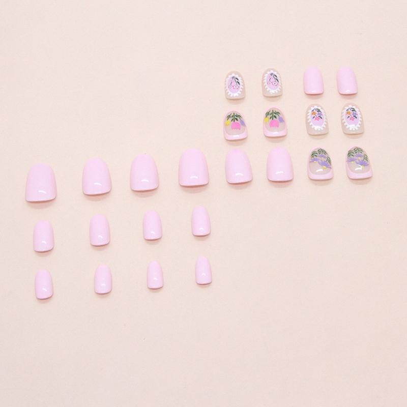 24Pcs Almond Press On Nail Flower French Fake Nail Acrylic False Nail,Artificial Nail Glues On Nail for Womens Girls