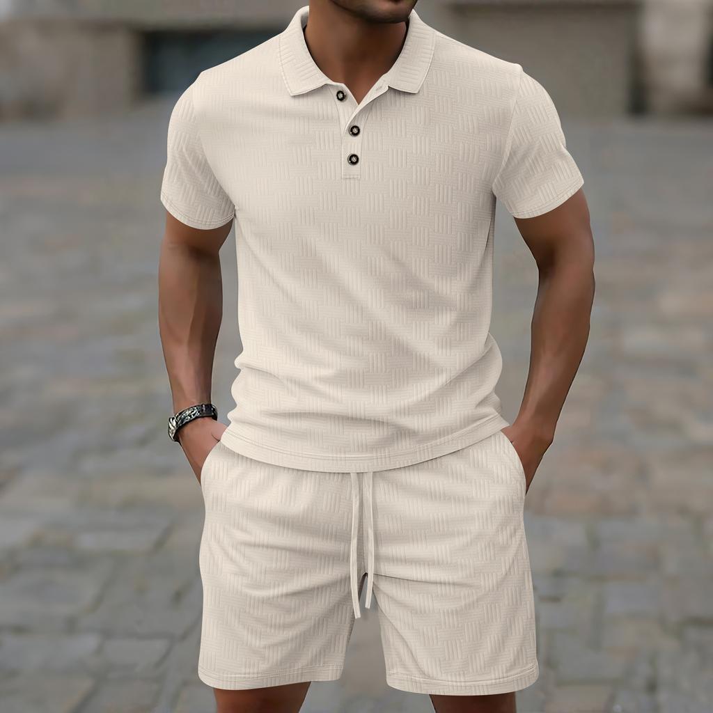 Ensemble haut et short à manches courtes et col en V pour homme, couleur unie, décontracté, pour le sport en plein air