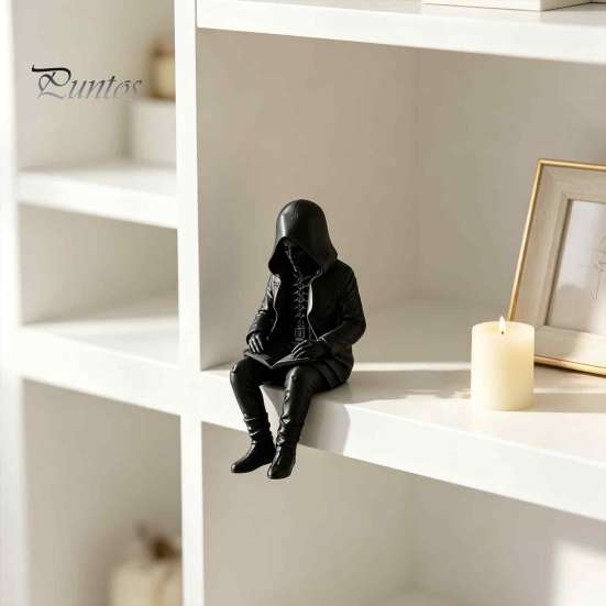 Schreibtisch-Ornament für das Büro 3D-gedruckte Kapuzen-Skelett-Figur beim Lesen, Gotischer Bücherregal-Rand-Sitzer-Statue, Harz Buch Halloween Schreibtisch Kaminsims Kaffee