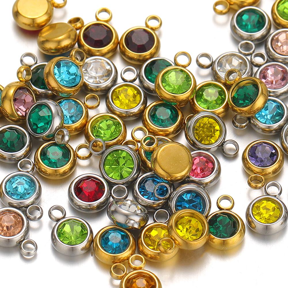 20pcs Stainless Steel 6mm Zircon 12 Months Birthstone Charms Beads for DIY Jewelry Necklace Bracelet Findings Earrings Making