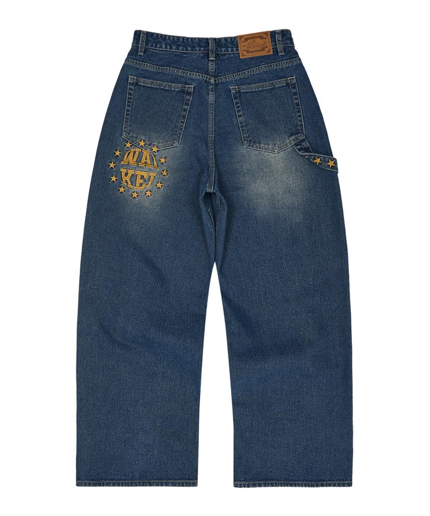 WAIKEI Star Applique Embroidery Denim Pants Medium Blue