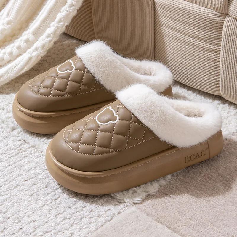Fashion Women Fur Fuzzy Slippers Outdoor Waterproof Plush Lined Slides Indoor Antiskid Platform Cotton Shoes Fluffy House Slipper