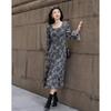 Demana Women's Winter Elegant Tie-Dye Print Flared Sleeve A-line Dress