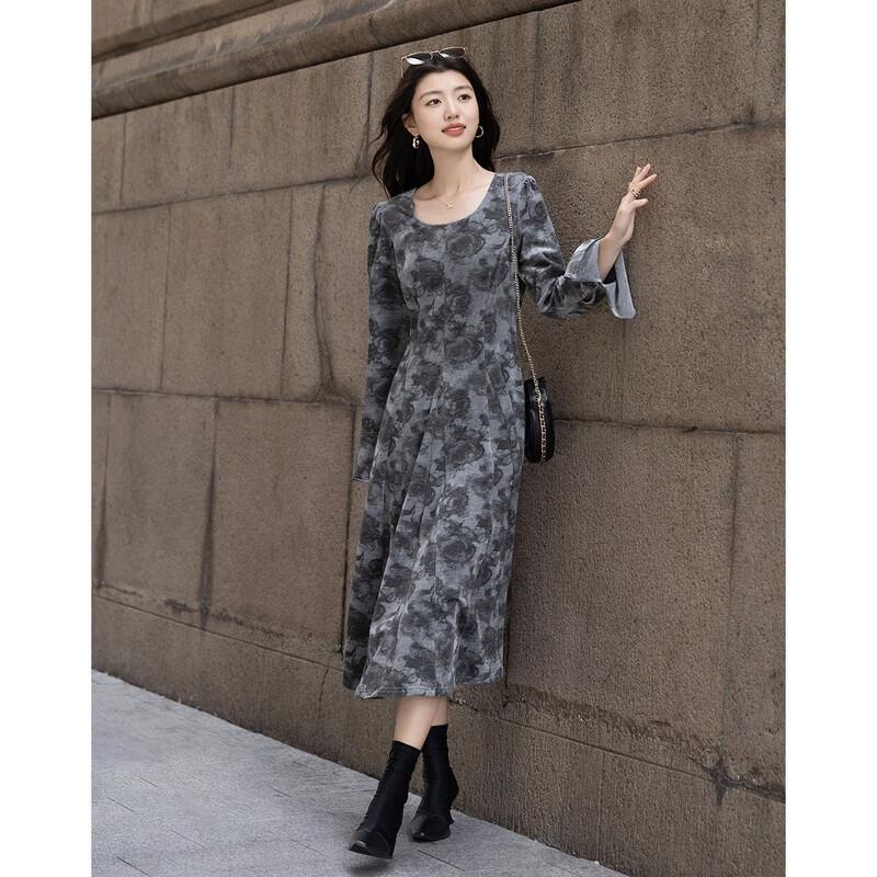 Demana Women's Winter Elegant Tie-Dye Print Flared Sleeve A-line Dress