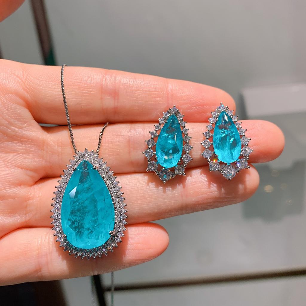 Schmuck Himmelblau Simulation Paraiba, Großes Wassertropfen Schmuckset Ohrstecker 8 * 16 Anhänger 15 * 25