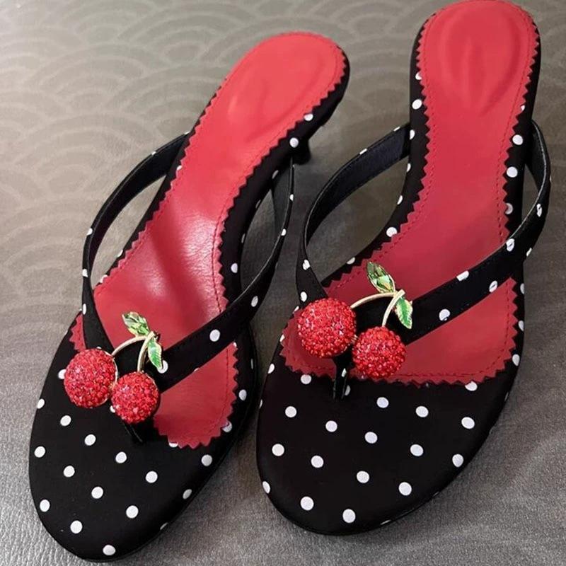 Cute!! French Polka Dot Cherry Flip-flops High Heels 2025 New Casual Versatile Foot Pinch Cool Slippers Women