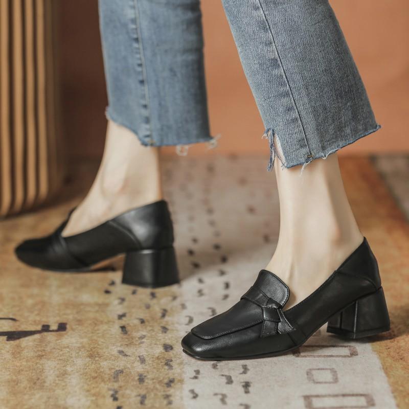 British Style Small Leather Shoes Women's 2024 Spring and Autumn New Versatile Medium Heel Professional Work High Heels Thick Heel Loafers