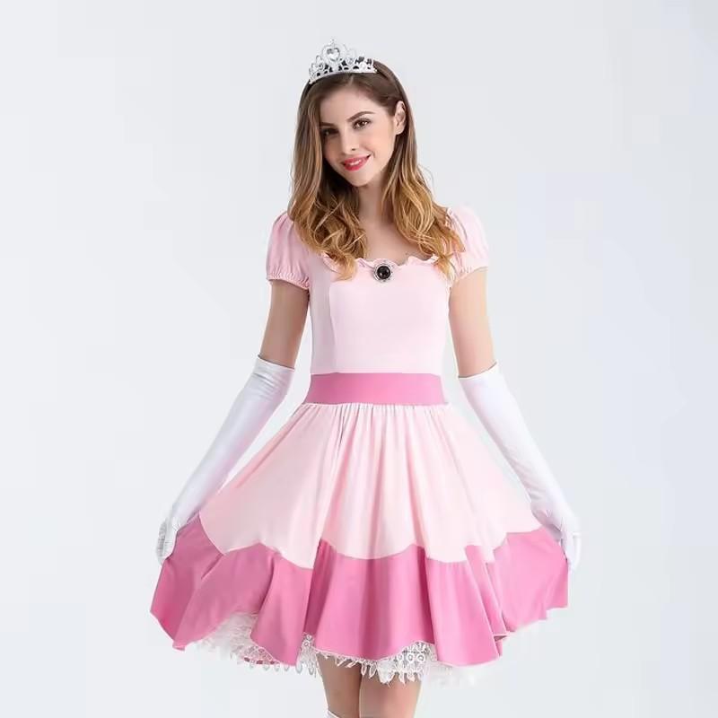 Princess Peach Costume Women Cosplay Party Halloween Masquerade Dress Up Clothing for Women Pink Fancy Dress