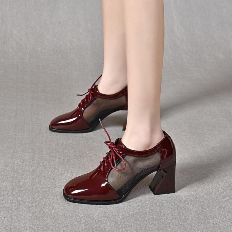 Fashion FHC Patent Leather Women Mesh Pumps.Fashion Office Lady Mid Heel Work Shoes,Square Toe,Front Laces,Black,Apricot,Red,Dropship