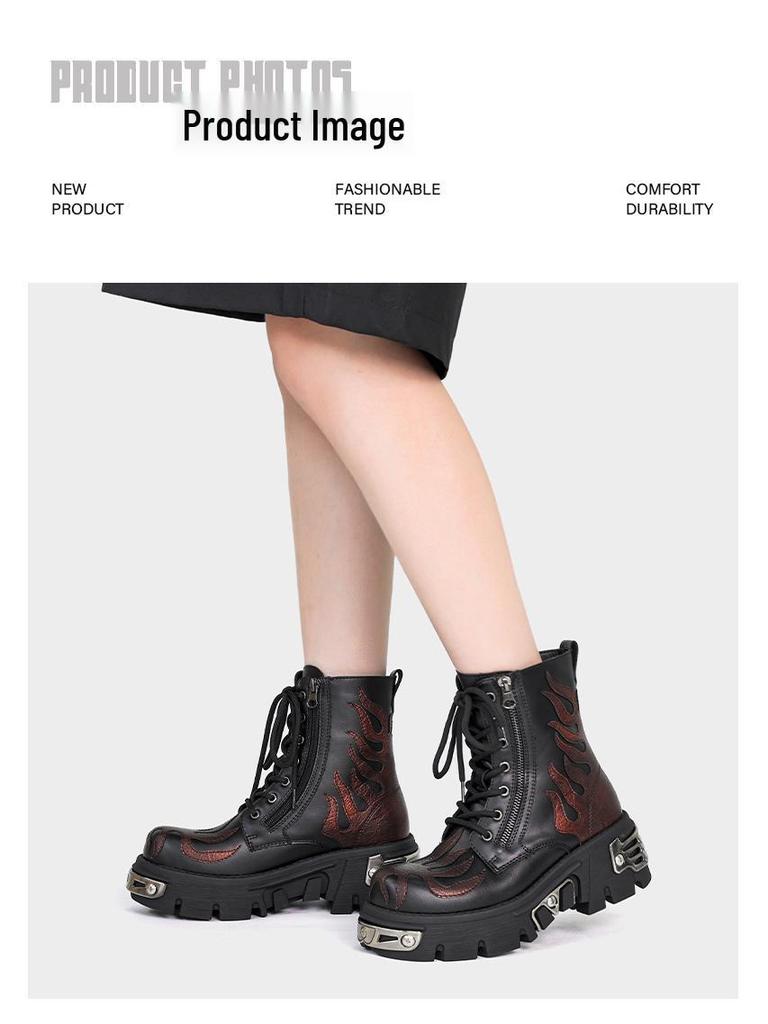 Unisex High-Top Punk Retro Flame Boots with Thick Tank Sole for Autumn/Winter