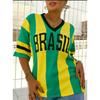 2026 Summer New Vintage Brazil Print Women V-Neck T Shirt Patchwork Short Sleeve Sports Tees Football Jersey Y2K Beach T-shirt