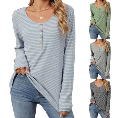 Autumn Winter Knitwear Basic Shirts Round Neck Button Loose Fit Pullover Long Sleeves Striped T-shirt Casual Top for Women
