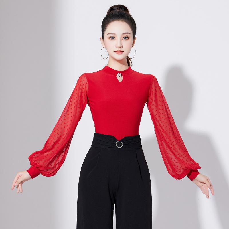 Salopetă modernă pentru damă, cu mâneci lantern, cu protecție pentru gât și guler înalt - îmbrăcăminte de dans standard național