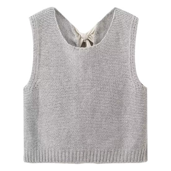 Women Knitted Vest Round Neck Sleeveless Crop Tank Bow Tie Decor Hollow