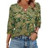 Women V Neck Blouse Loose Fit Casual Three Quarter Sleeve Top with Button Detail Lightweight Printed Shirt for Everyday Wear