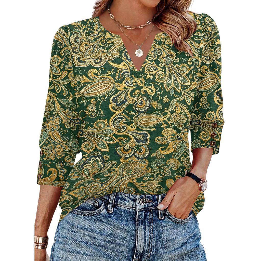 Women V Neck Blouse Loose Fit Casual Three Quarter Sleeve Top with Button Detail Lightweight Printed Shirt for Everyday Wear