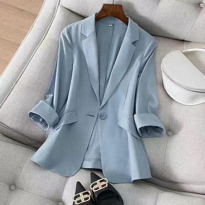 

Solid Color Thin Blazer Women Three-Quarter Sleeve Spring Summer Slim Short Suit Jacket One Buckle Blousers White 3XL