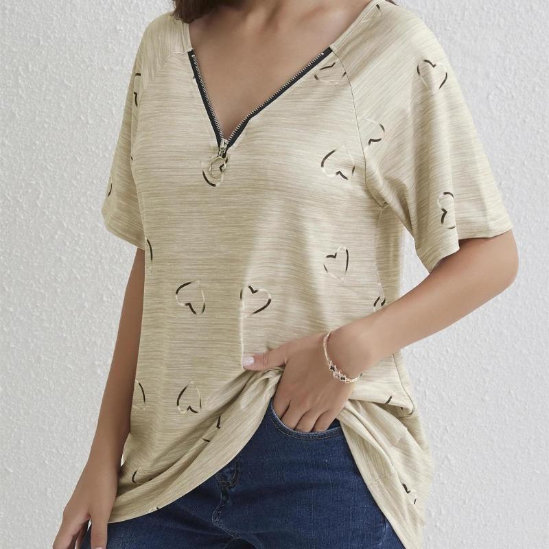 Spring Summer New Zipper Short Sleeve Shirt Women Tops Casual Love Print Pullover T-shirt Woman Fashion Elegant Loose Lady Blouse 24145