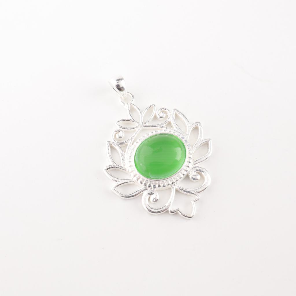 Green Cat's Eye Gemstone 925 Fine Silver Jewelry Handmade Chain Pendant For Gift CP-1-44