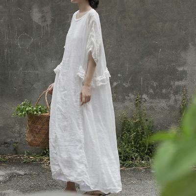 Women Vintage Ramie Dress Solid Color O-Neck Short Sleeve Summer Robes Loose Patchwork Tierred Dress