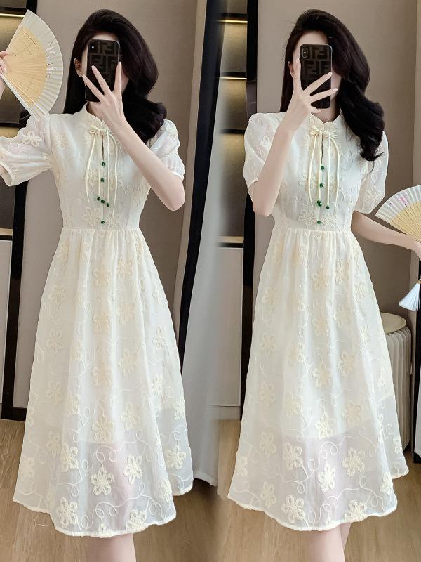 Women's Summer Jacquard Midi Dress with Stand Collar, Slim Waist, and Modern Chinese Style