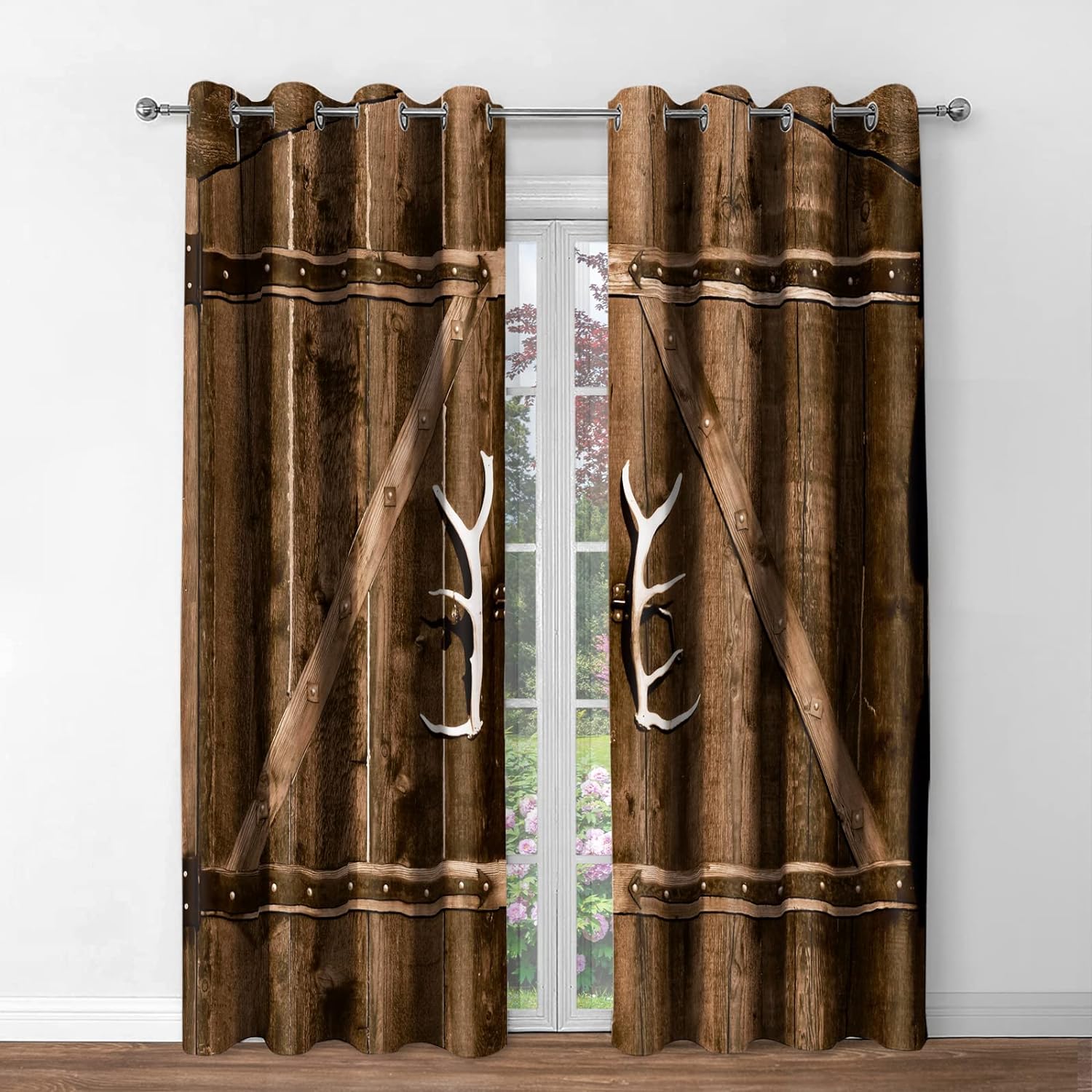 

Rustic Curtains Wooden Barn Door in Stone Farmhouse Image Vintage Style Desgin Rural Art Architecture Patterned Living Room Rest Room Window (W50H130cm)-2pcs&Grommet Top