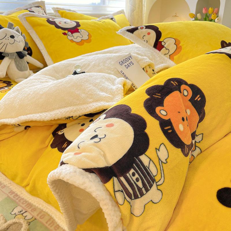 

Плюшевая кровать для кролика из густого молока, набор из четырех предметов, двусторонний ламповый фланель, теплое постельное белье, пододеяльник, простыня 1.2m 3pc- 150x200 quilt