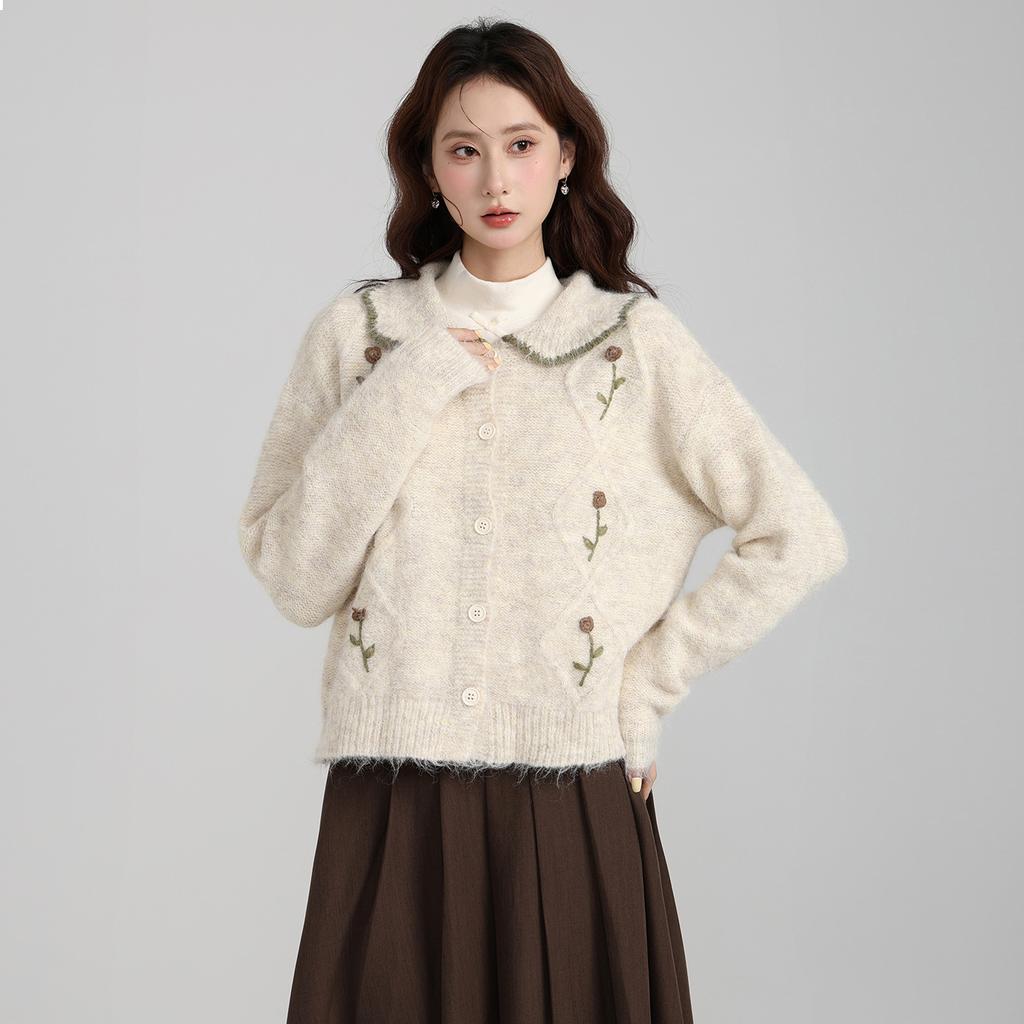 Lazy doll collar embroidered flower knitted sweater long sleeve thickened bottom with autumn and winter cardigan jacket top women