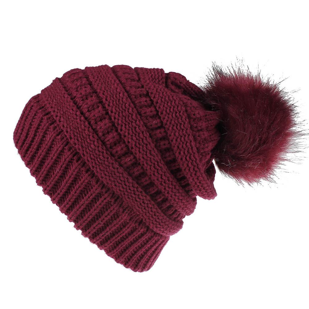 Gorro de punto trenzado de Color sólido con bola de zorro de piel sintética Otoño Invierno para mujer