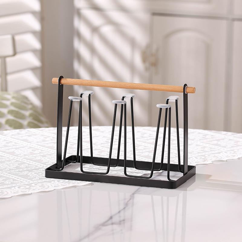 6-Cup Glass Cup Drying Rack with Wooden Handle, Countertop Cup Organizer with Drip Tray for Kitchen & Bar