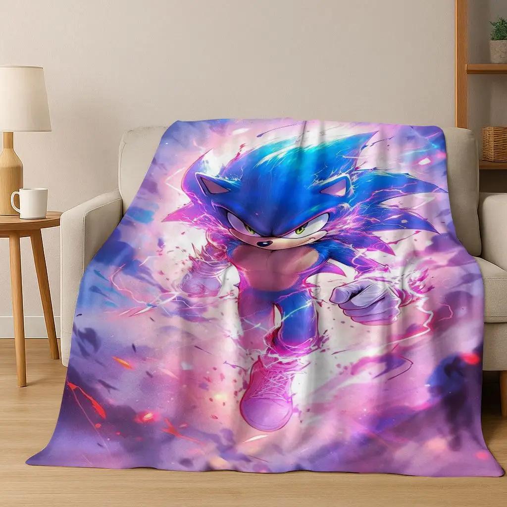 Classic S-Sonic Game Cartoon Hedgehog Flannel Blanket Soft Warm Throw Blanket for Bed Bedroom Room Living Room Travel Picnic Kid