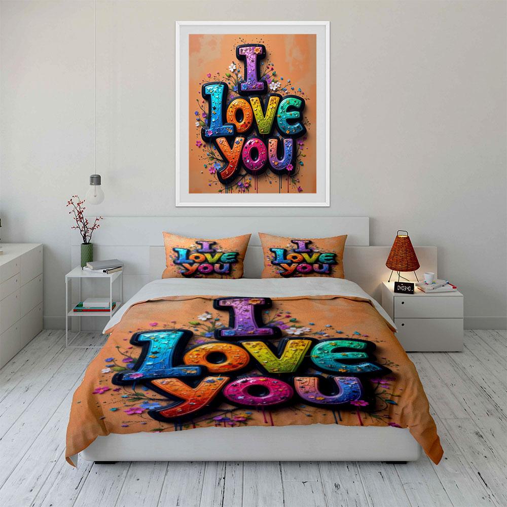 Colorful "I Love You" Decor Set Bedding Set with 1 Duvet Cover 2 Pillowcases Single Double King Queen Gift