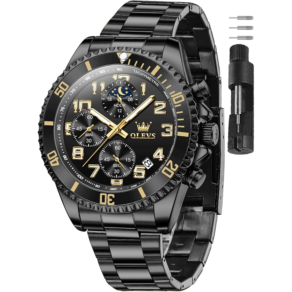 OLEVS Men s Analog Quartz Watch Black Waterproof Date Business Stylish Large Dial Chronograph Metal Band