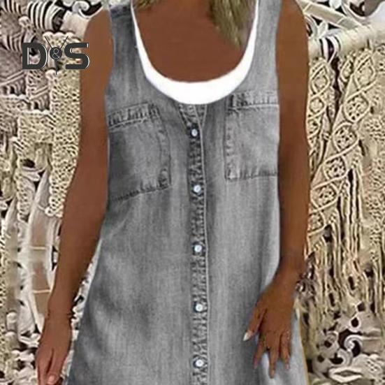 Dámské falešné dvoudílné šaty bez rukávů léto ležérní denimový potisk s výstřihem na tílko Šaty s volným střihem minišaty do A