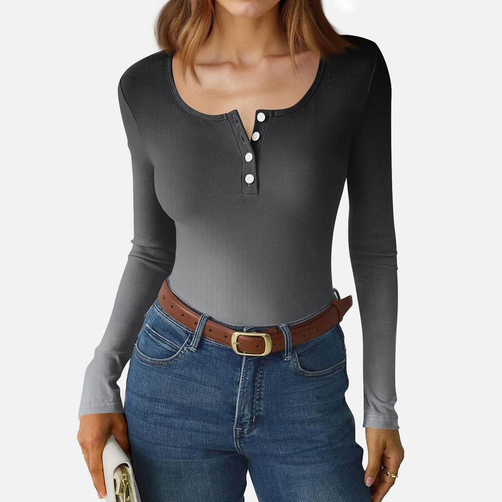 Dámské tričko s úzkým spodním lemem Módní ležérní s gradientním potiskem Kulatý výstřih Pulovr Dlouhý rukáv Top