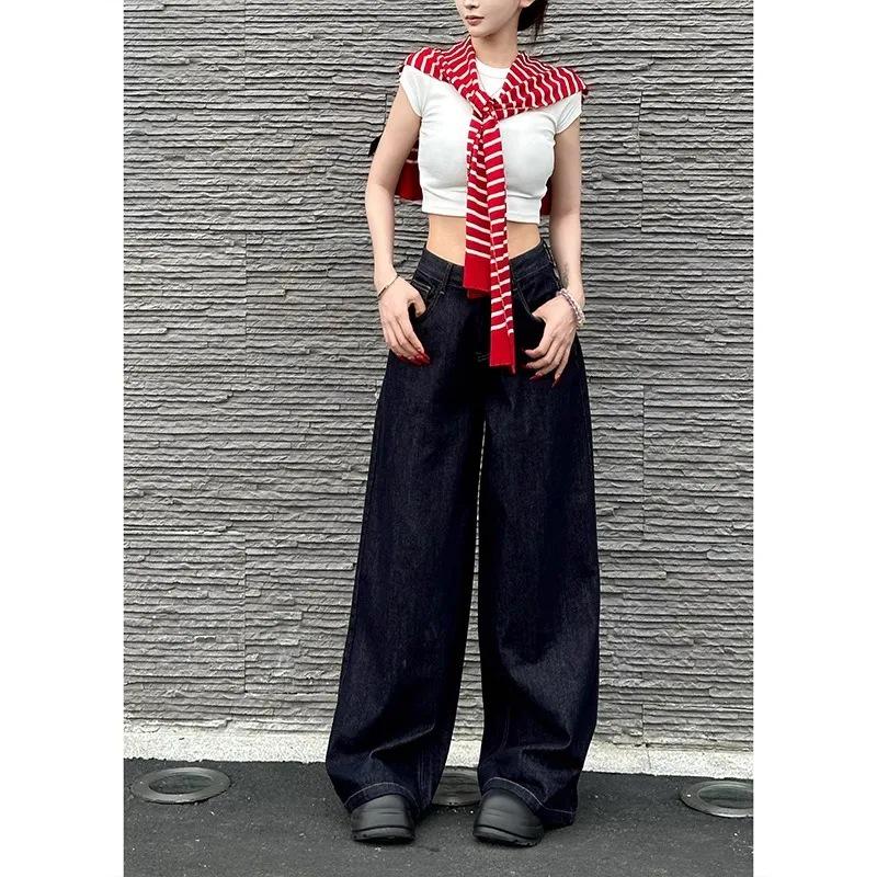 

Women s High-Waist Korean Style Wide-Leg Jeans - Straight Casual Drape Pants for Spring & Autumn 2025 L темно-синий