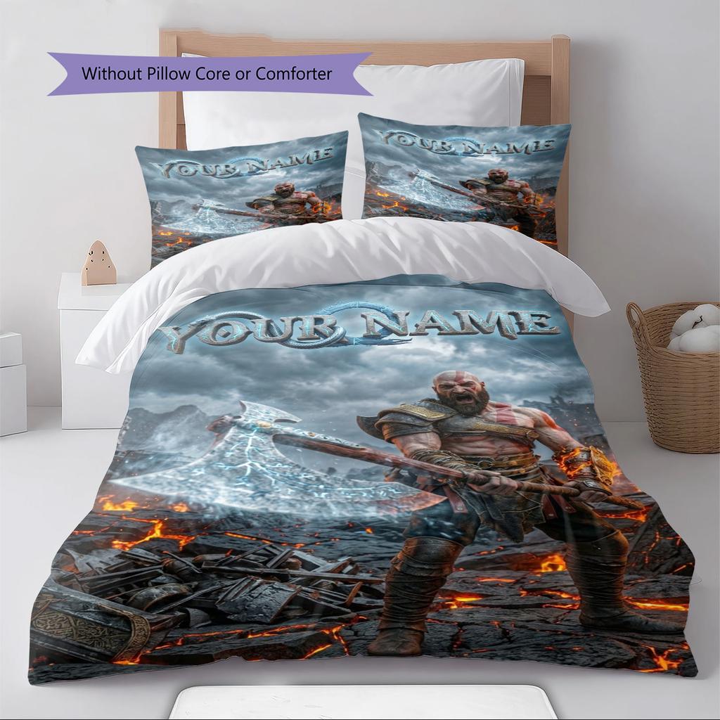 Name Custom Kratos God of War Pattern Bedding Set Quilt Cover Pillowcase Home Decor Gift (1 * Duvet Cover + 2 * Pillowcase, Without Core)
