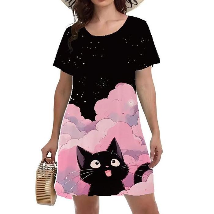 Summer Fashion Colorful Cat Printed Dress Ladies Loose Oversized Comfortable Leisure Breathable Dress