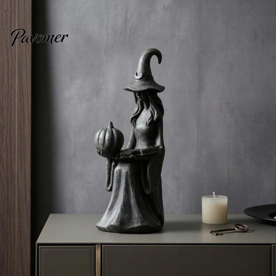 Artistic Resin Crafts Halloween Witch Statue, Gothic Figurine with Pumpkin And Book, Matte Black Themed Gifts Sculpture, Mantel Shelf Desk Decor,