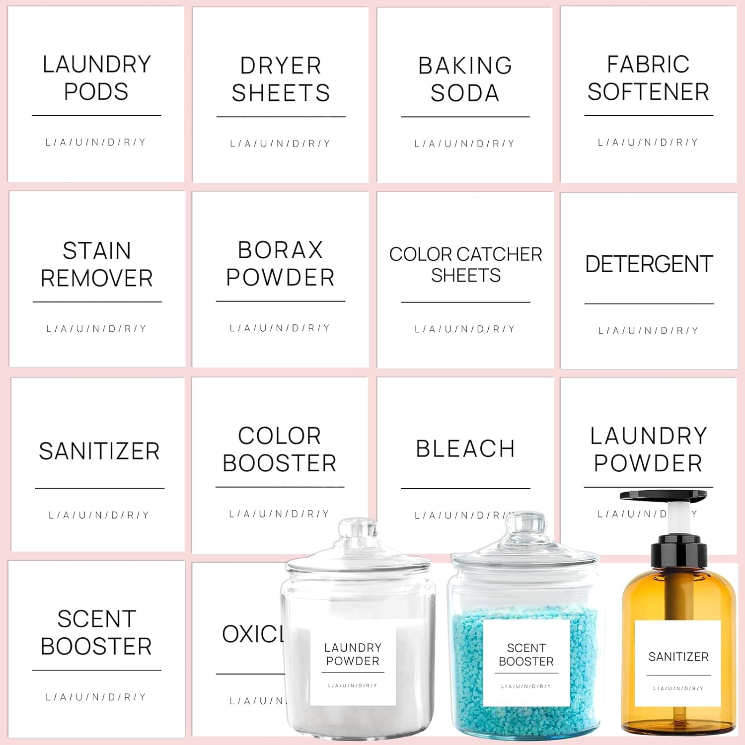 Laundry Labels for Jars,16 PCS Minimalist Laundry Room Labels,Removable Waterproof Cleaning Labels for Containers,Laundry Room Storage