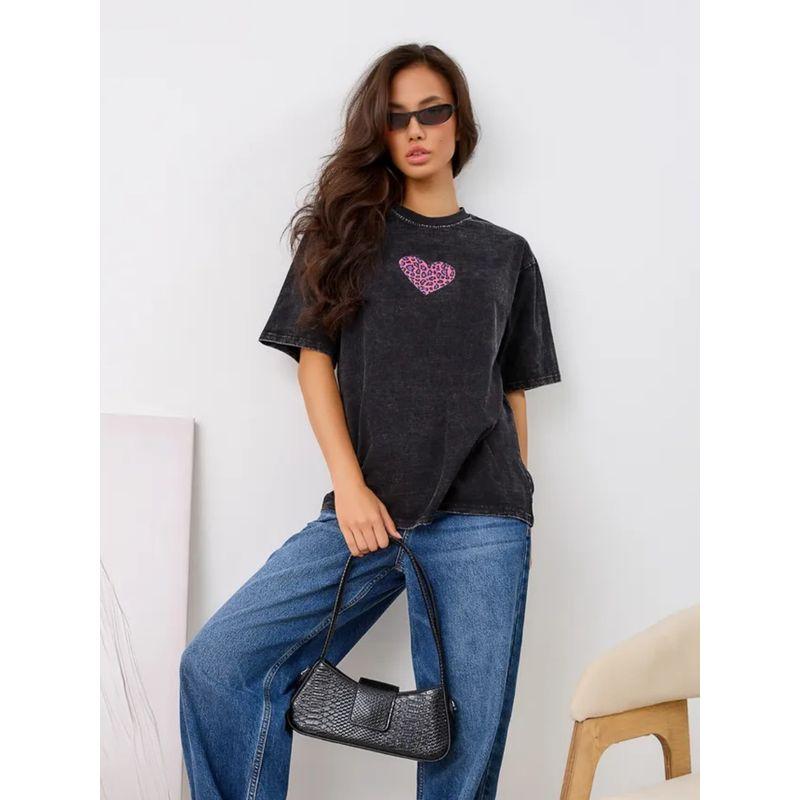 Western Style Washed Old Casual Love Heart Print Cotton T-shirt Loose Printed Cotton T-shirt