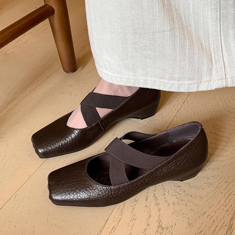 Chao Soft Sheepskin~ Inner Height Increase 5cm Elephant Pattern Light Mouth Single Shoes Retro Cold Ballet Shoes Female Mary Jane