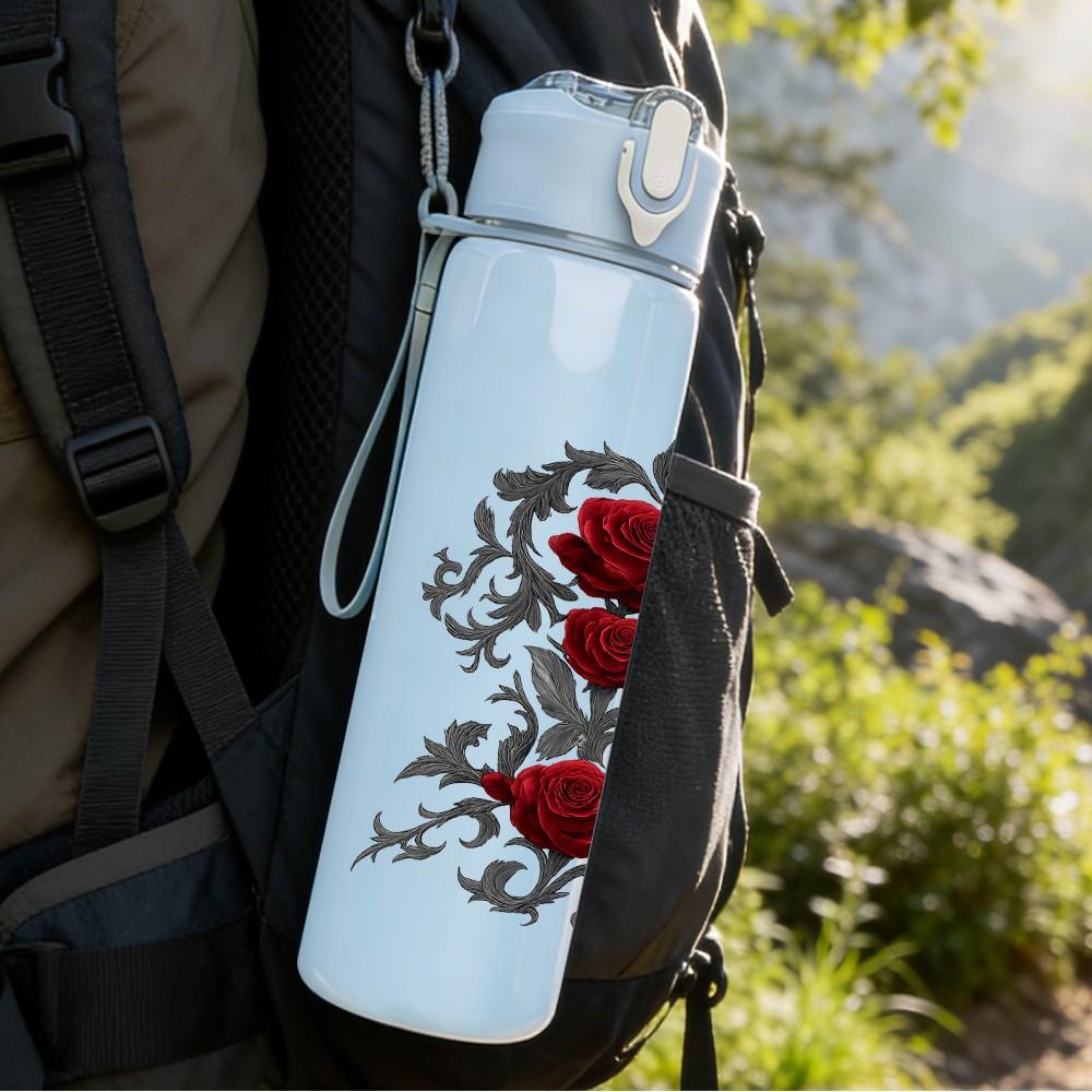 1PC Red Rose Dark Vintage Art Print 750ml Color Plastic Sports Water Bottle Leakproof Flip Straw Lid Suitable for Sports Office Home Use