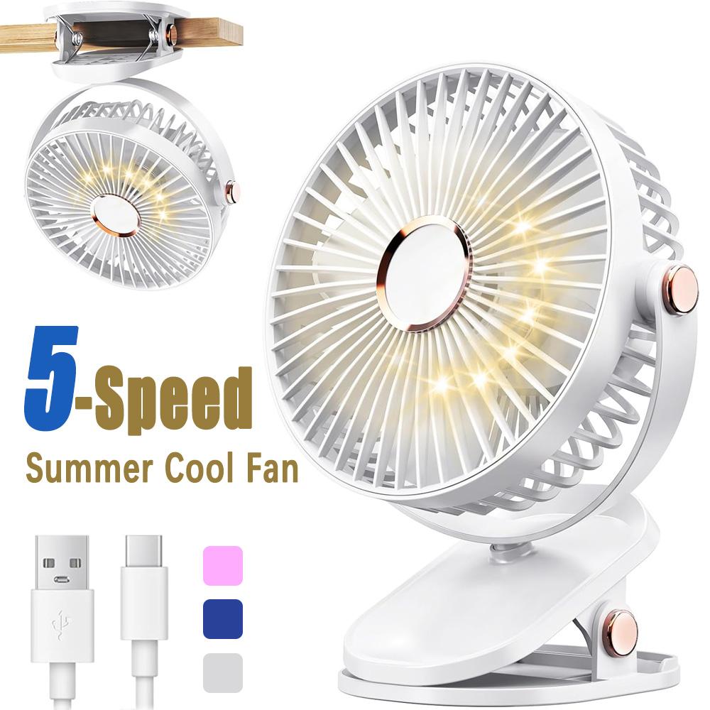 Portable Clip Fan with LED Lights Desk Fan 5 Speed Quiet Rechargeable Mini Table Fan, 360° Rotate Personal Cooling Fan for Home Office