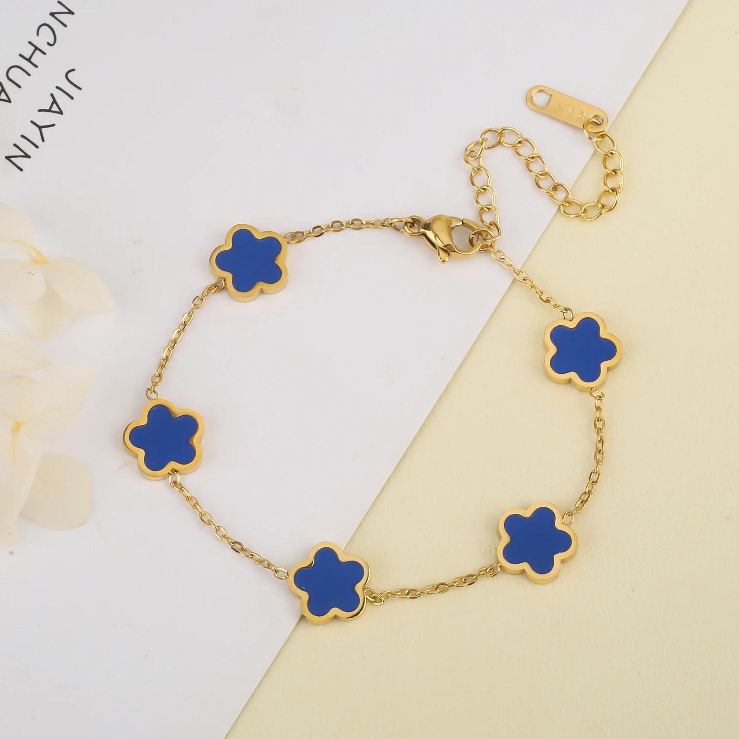 

Hot Sale Stainless Steel Plum Blossom Gold Plated Bracelet High Quality Five Leaf Flower Zircon Simple For Woman Gift Clover