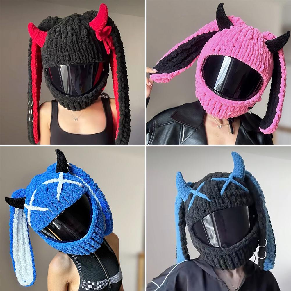 Winter Motorcycle Helmet Headgear Cover Trendy Devil's Horns Creative Cartoon Knitted Motocross Full-Face Protective Helmet Case