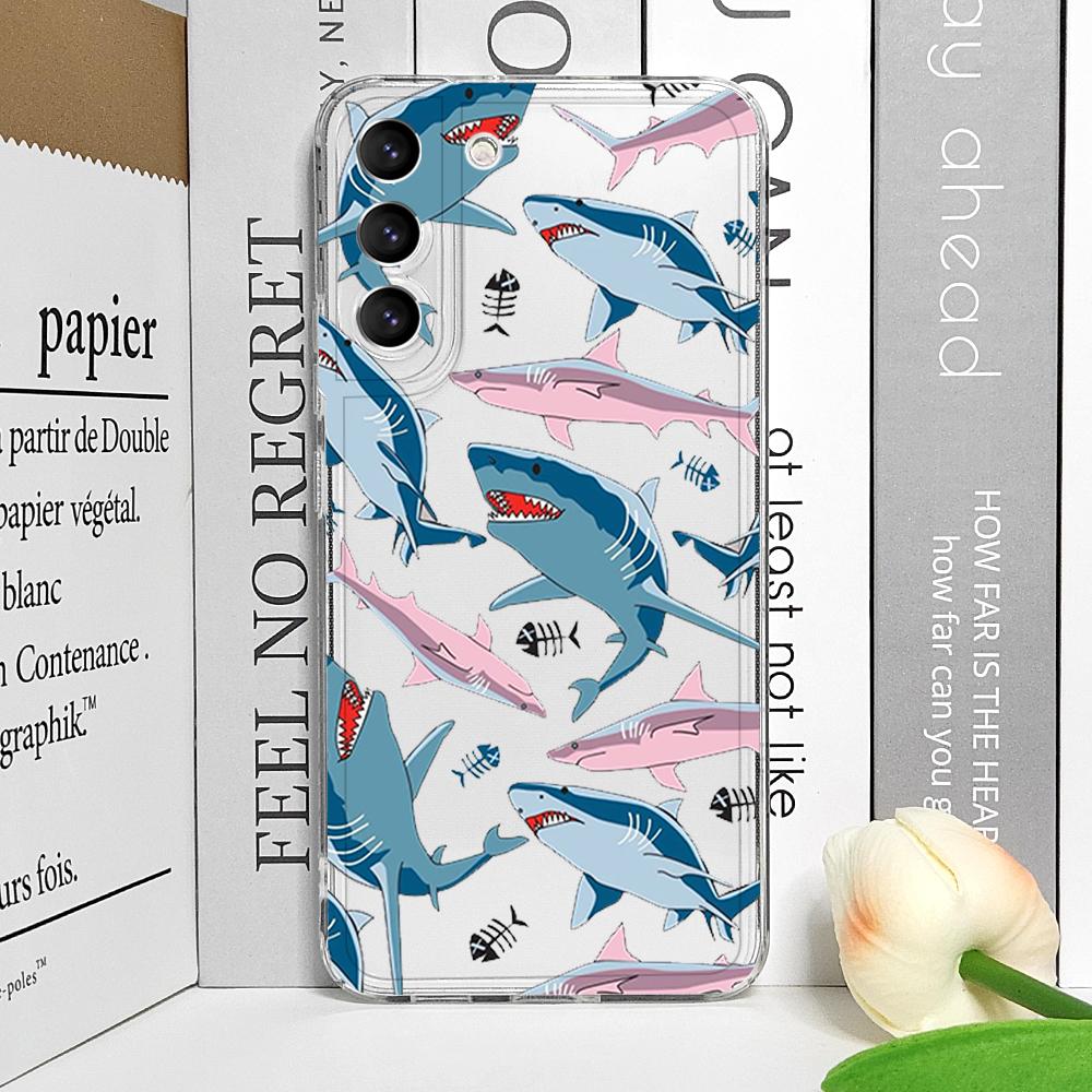 Coque de téléphone souple transparente pour Samsung Galaxy A55 A54 A53 A51 A70 A32 A31 A22 13 A52 5G Animaux de l'océan d'été Requin Dauphin Poisson Housse